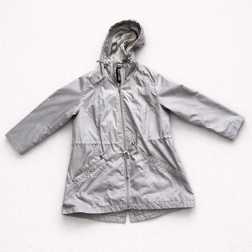 Details Womens Medium Packable Rain Jacket Silver Hooded Lightweight Parka